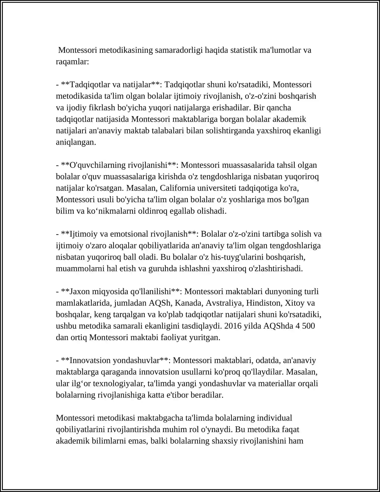 TA'LIMIY FAOLIYAT BOʻYICHA ILGʻOR HORIJIY TAJRIBALARNING TAHLILI(MAKTABGACHA TA'LIM TIZIMIDA) 4