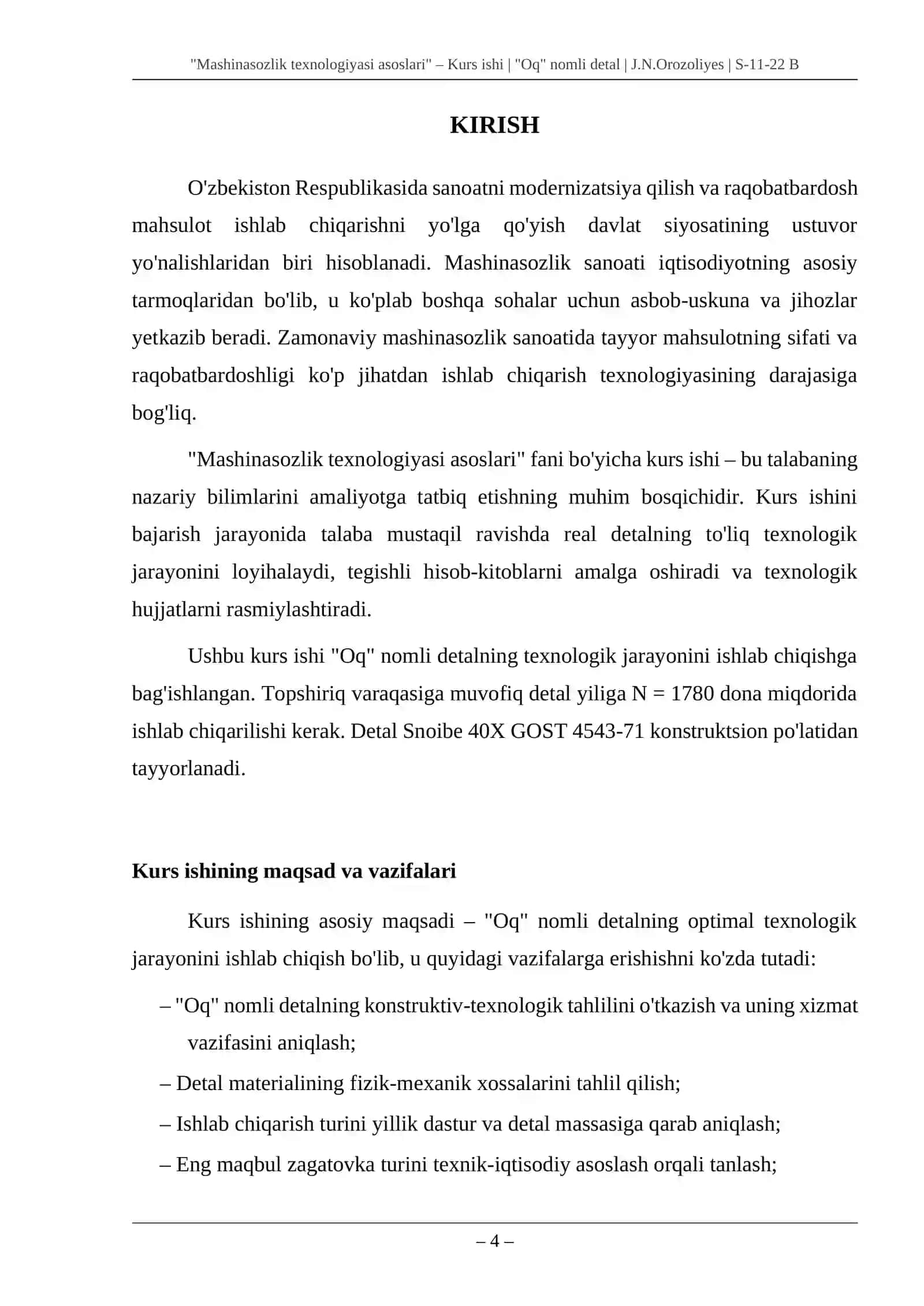 "Mashinasozlik texnologiyasi asoslari" – Kurs ishi 4