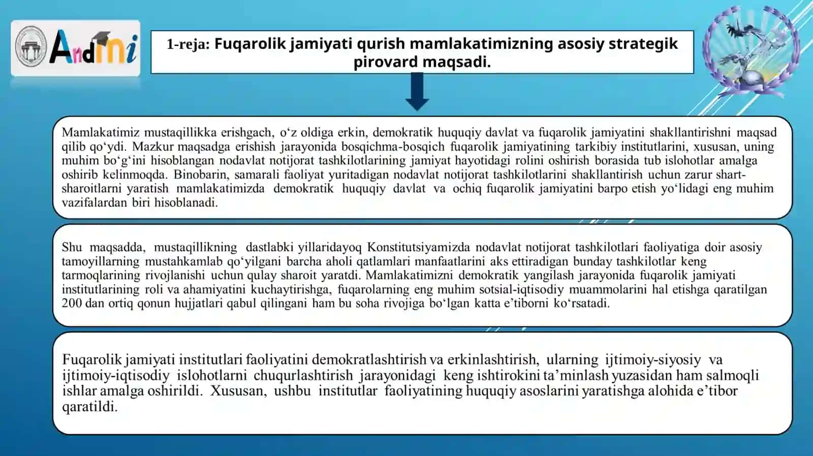 MA’RUZA MAVZUSI:O‘ZBEKISTON MILLIY TARAQQIYOTINING YANGI BOSQICHIDA FUQAROLIK JAMIYATINING SHAKLLANISHI VA RIVOJLANISHI 4