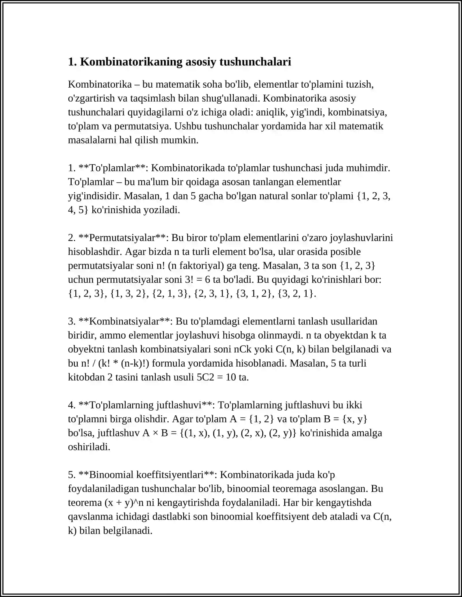 KOMBINATOTIKANING ASOSIY ELEMENTLARI. ASOSIY KOMBINATSIYALAR 4
