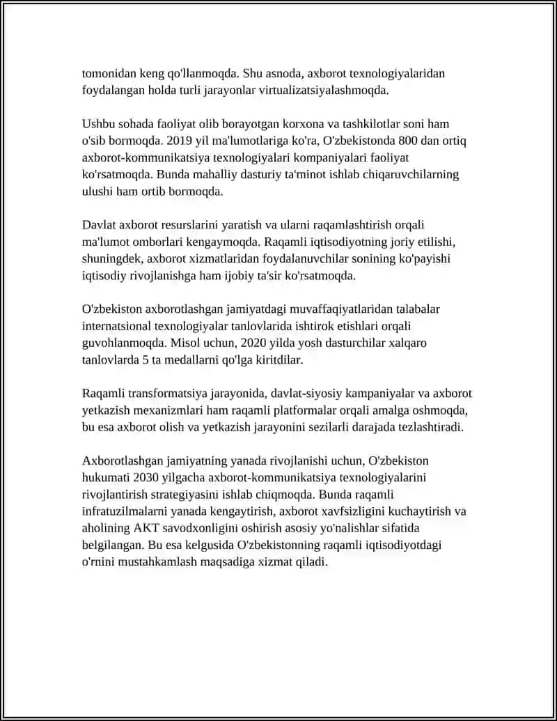 O'ZBEKISTONDA AXBOROTLASHGAN JAMIYATNING XUSUSIYATLARI VA VIRTUALLASHTIRISH JARAYONLARI 4