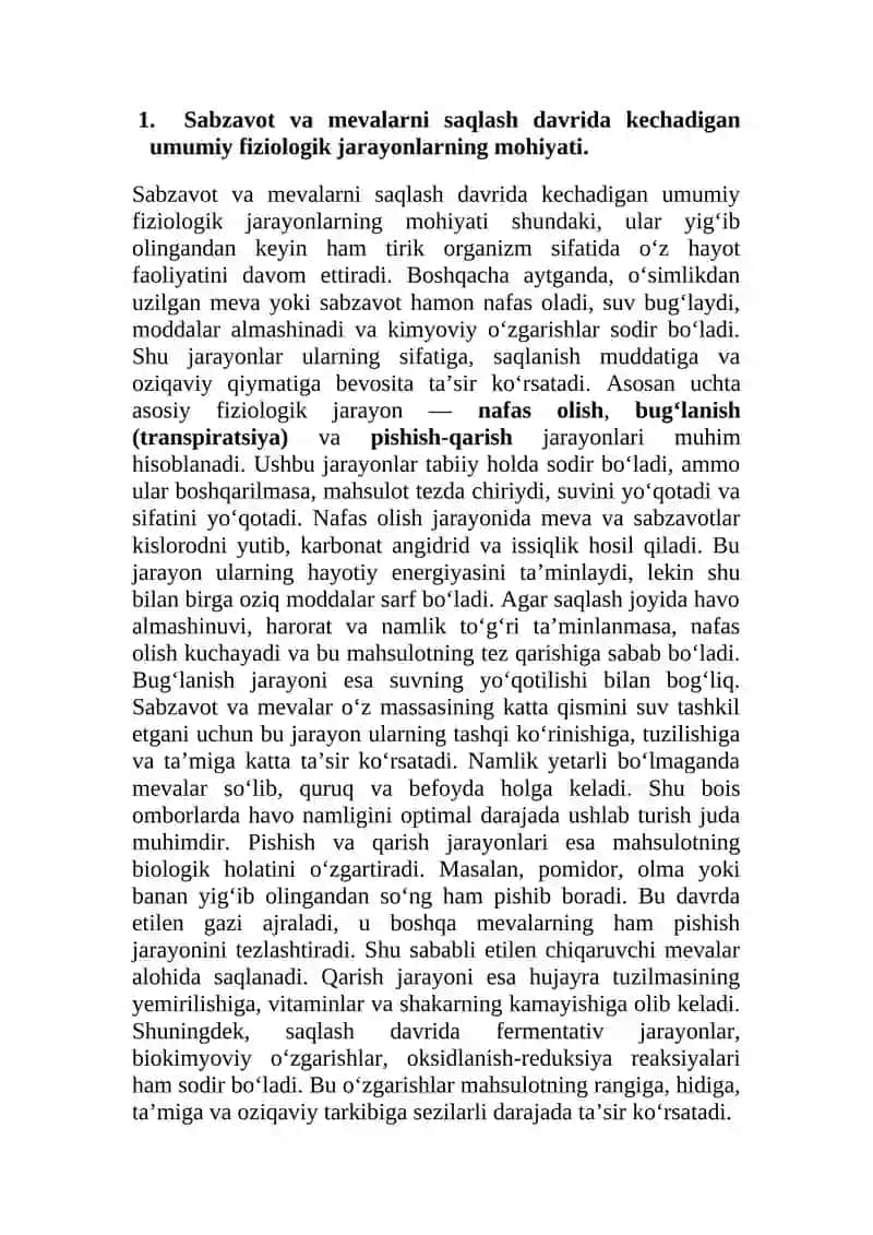Sabzavоt va mеvalarni saqlash davrida ro`y bеradigan fiziоlоgik jarayonlar. 4