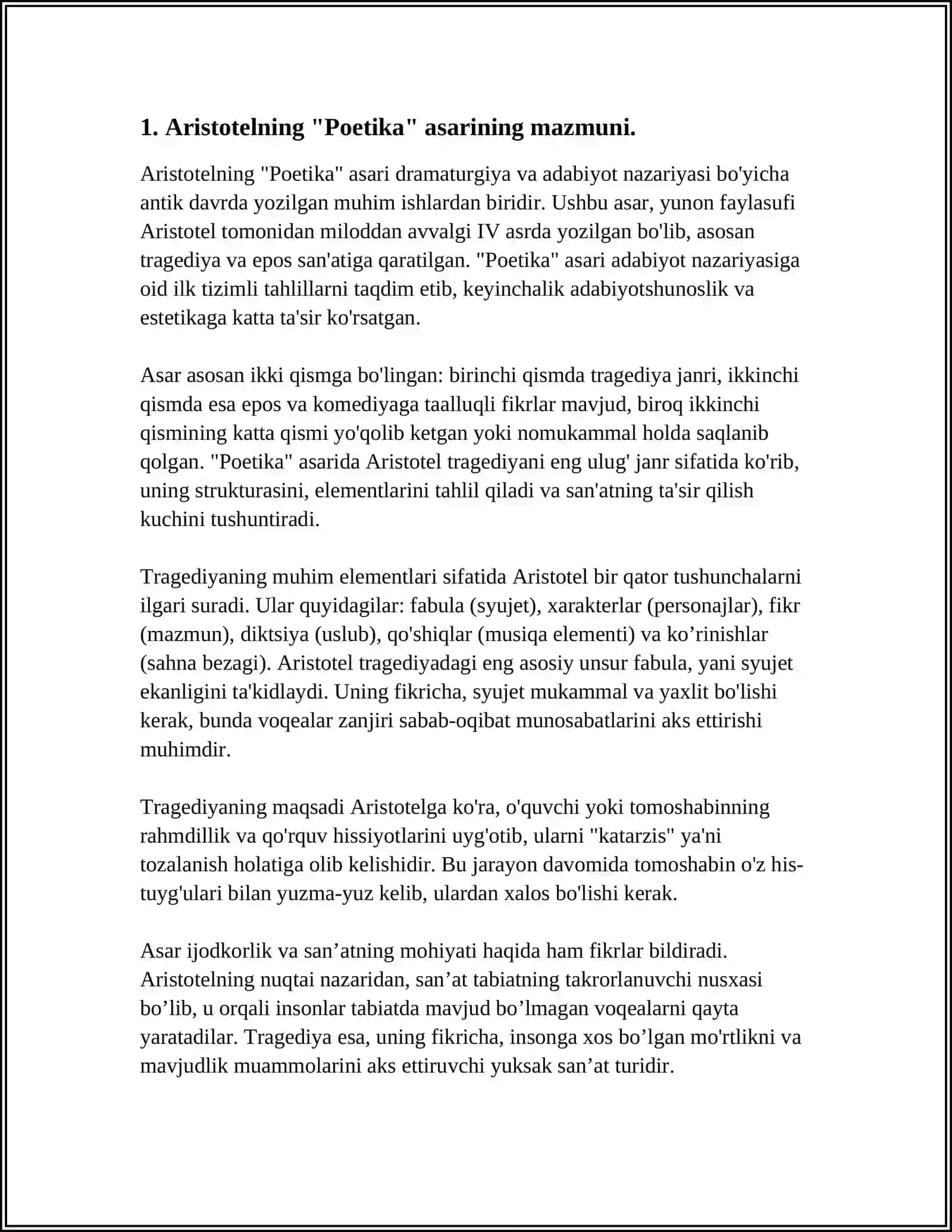 ARISTOTELNING “POETIKA” ASARINI O‘QIB O‘RGANISH; FOROBIYNING “SHE’R SAN’ATI” ASARINI O‘QIB-O‘RGANISH; ALISHER NAVOIYNING “MAJOLIS UN NAFOIS” ASARINI O‘QIB-O‘RGANISH; ALISHER NAVOIYNING “MEZON UL AVZON” ASARINI O‘QIB-O‘RGANISH; ALISHER NAVOIYNING “MUHOKAMAT UL LUG‘ATAYN” ASARINI O‘QIB-O‘RGANISH 4