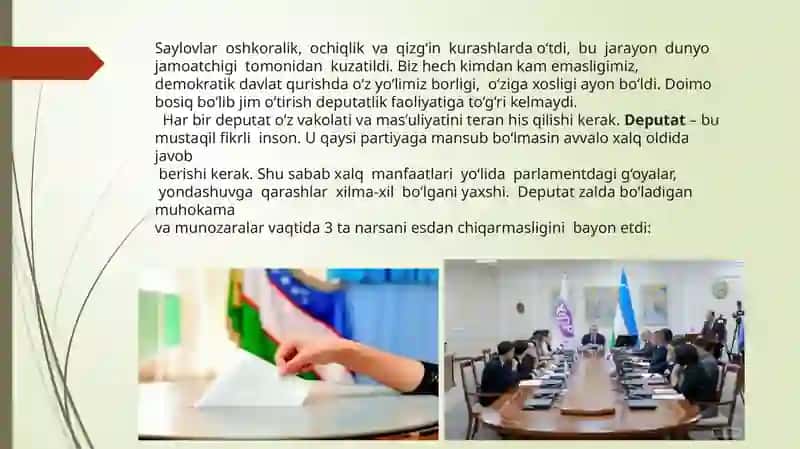 O`zbekistonda hokimyatlarning bo`linish tamoyili va konseptual asoslari. O`zbekistonda davlat boshqaruvi va fuqarolik jamiyati institutlari o`zaro munosabatlari. O`zbekistonda ekologik muammolarni bartaraf etishning konseptual asoslari. O`zbekistonda axborot sohasini isloh qilish, so`z va axborot erkinligi. OAV faoliyati. O`zbekistonda Tibbiy turizmni rivojlantirish maqsadlari. Xalq qabulxonalari ijtimoiy institut sifatida. 4