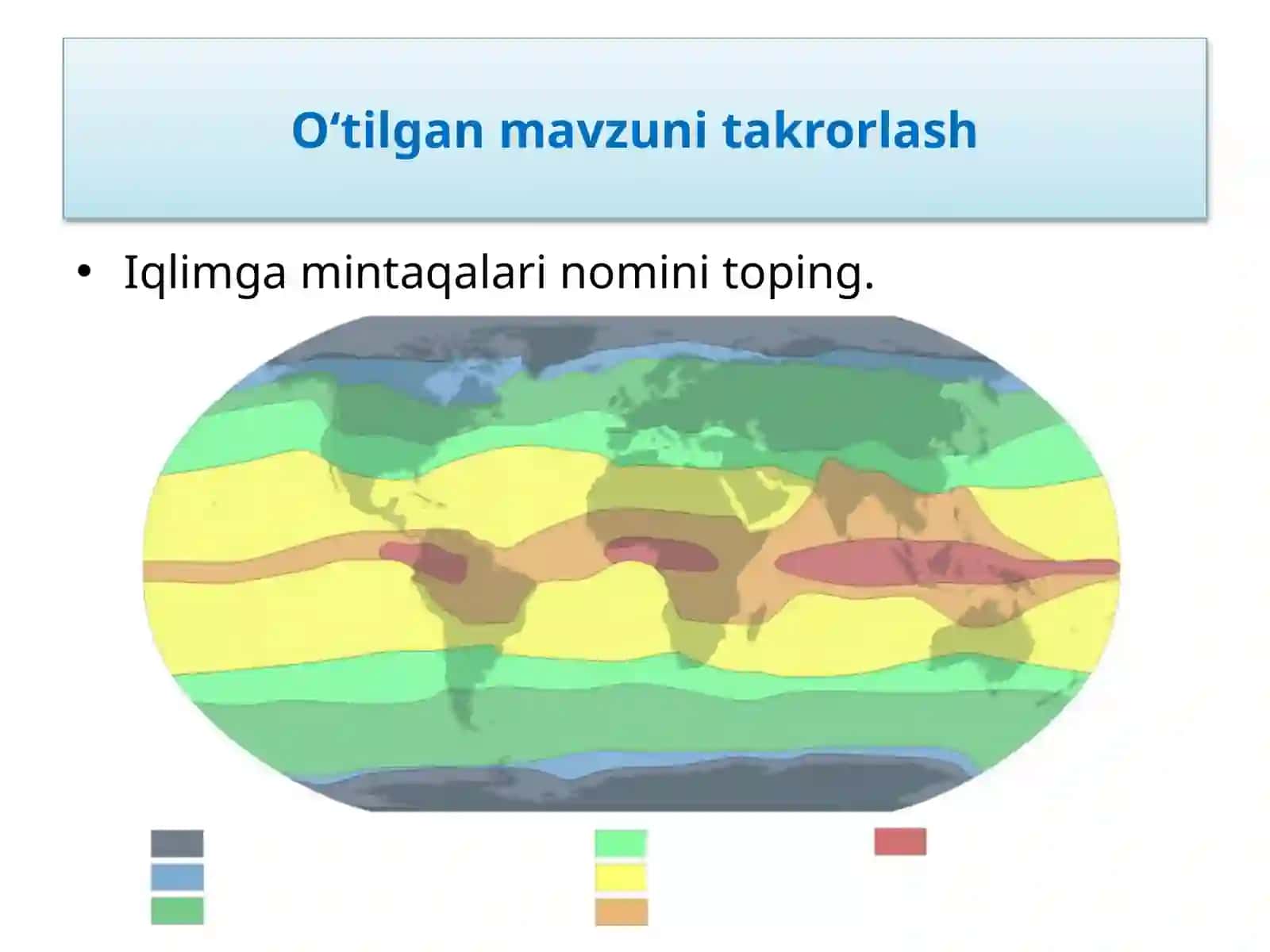 O‘tilgan mavzuni takrorlash Iqlim gata’siretuvchi omillar 4