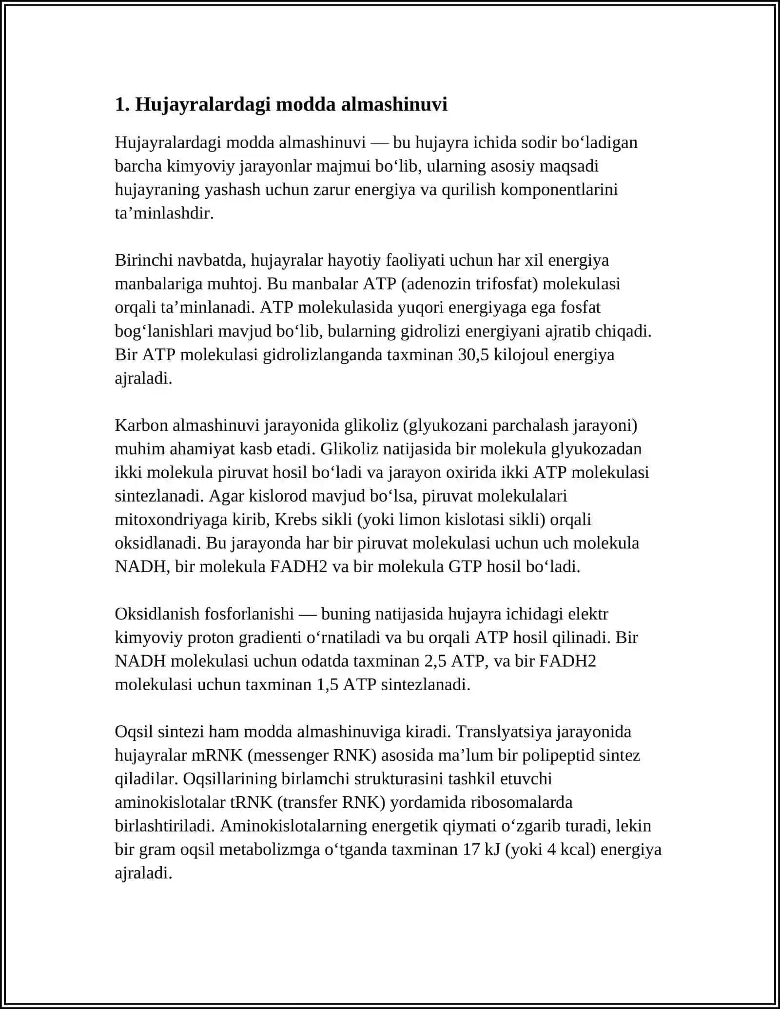 HUJAYRALARDA MODDALAR ENERGIYA VA MAʼLUMOTLAR OQIMI. HUJAYRA PROFILFATSIYA MUAMMOLARINING TIBBIYOTDAGI ROʻLI 4