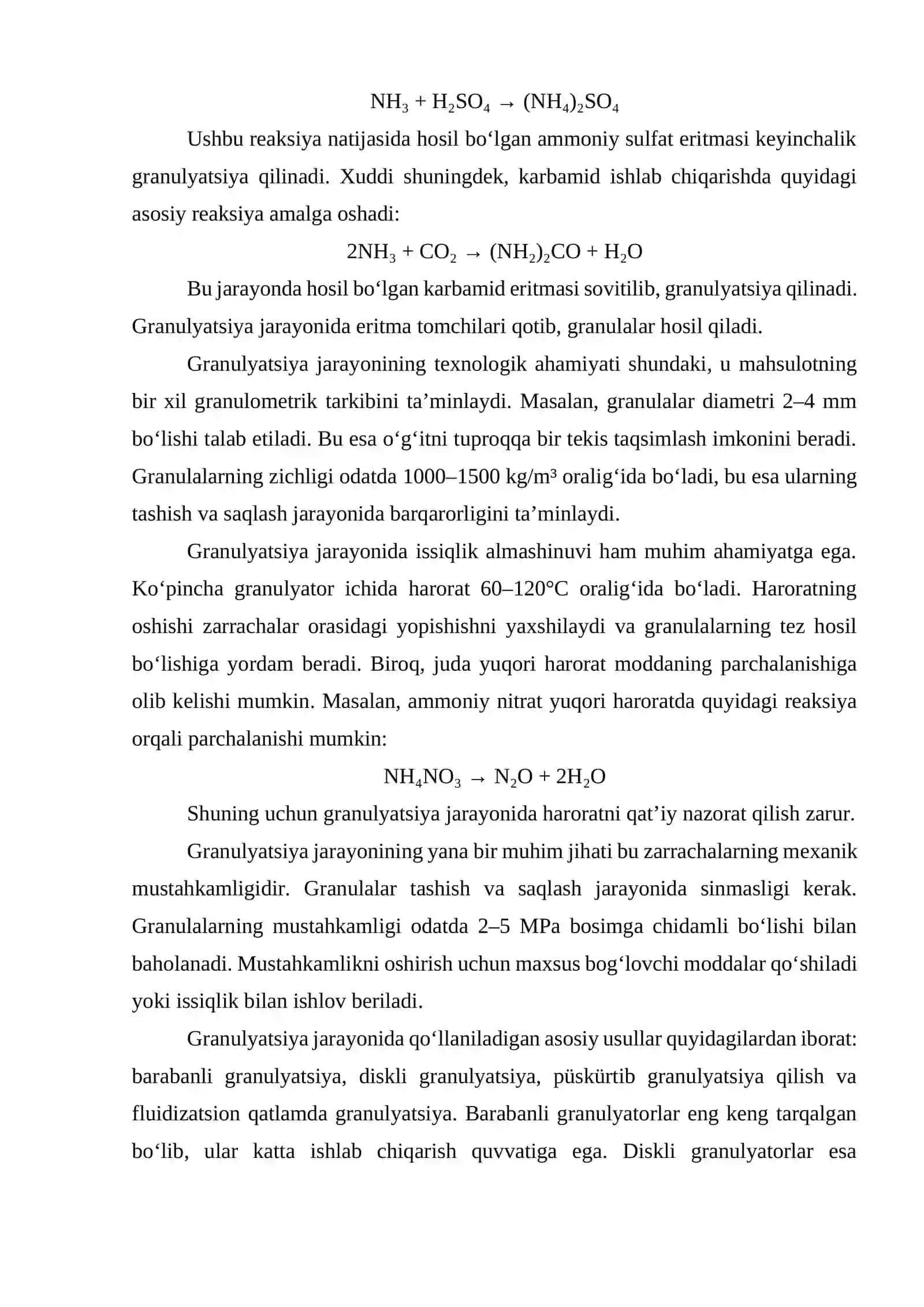 Granulalangan o'g'it ishlab chiqarishda granulyator qurilmasi. G = 20 t/soat 4