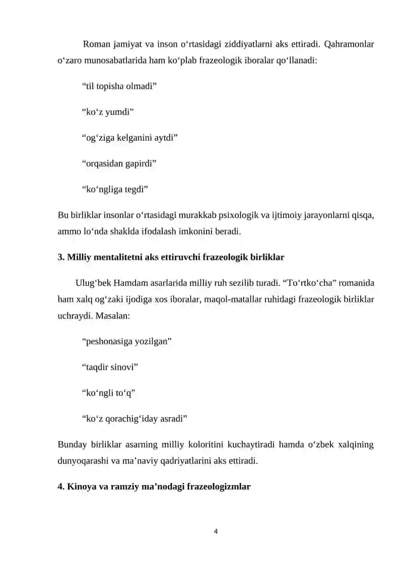 "To‘rtko‘cha" romanida qo‘llangan frazeologik birliklar 4