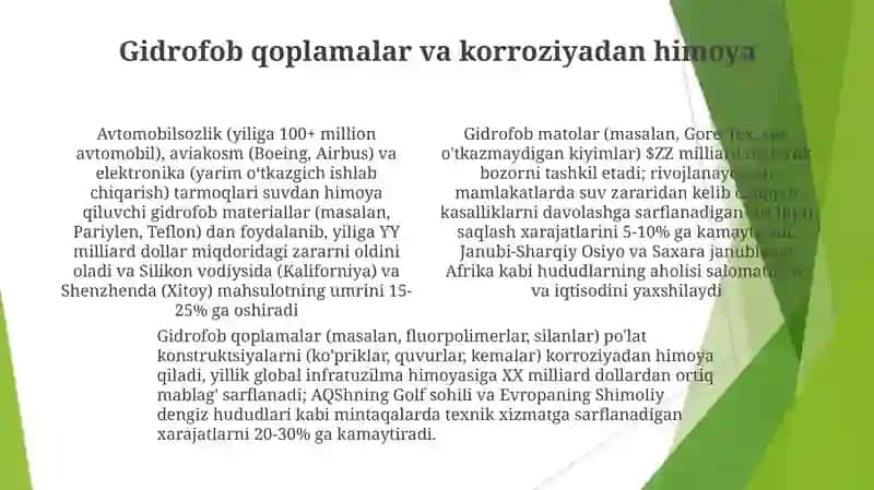 Gidrofob effekt hosil qiluvchi moddalarning xalq xoʻjaligida ahamiyati 4