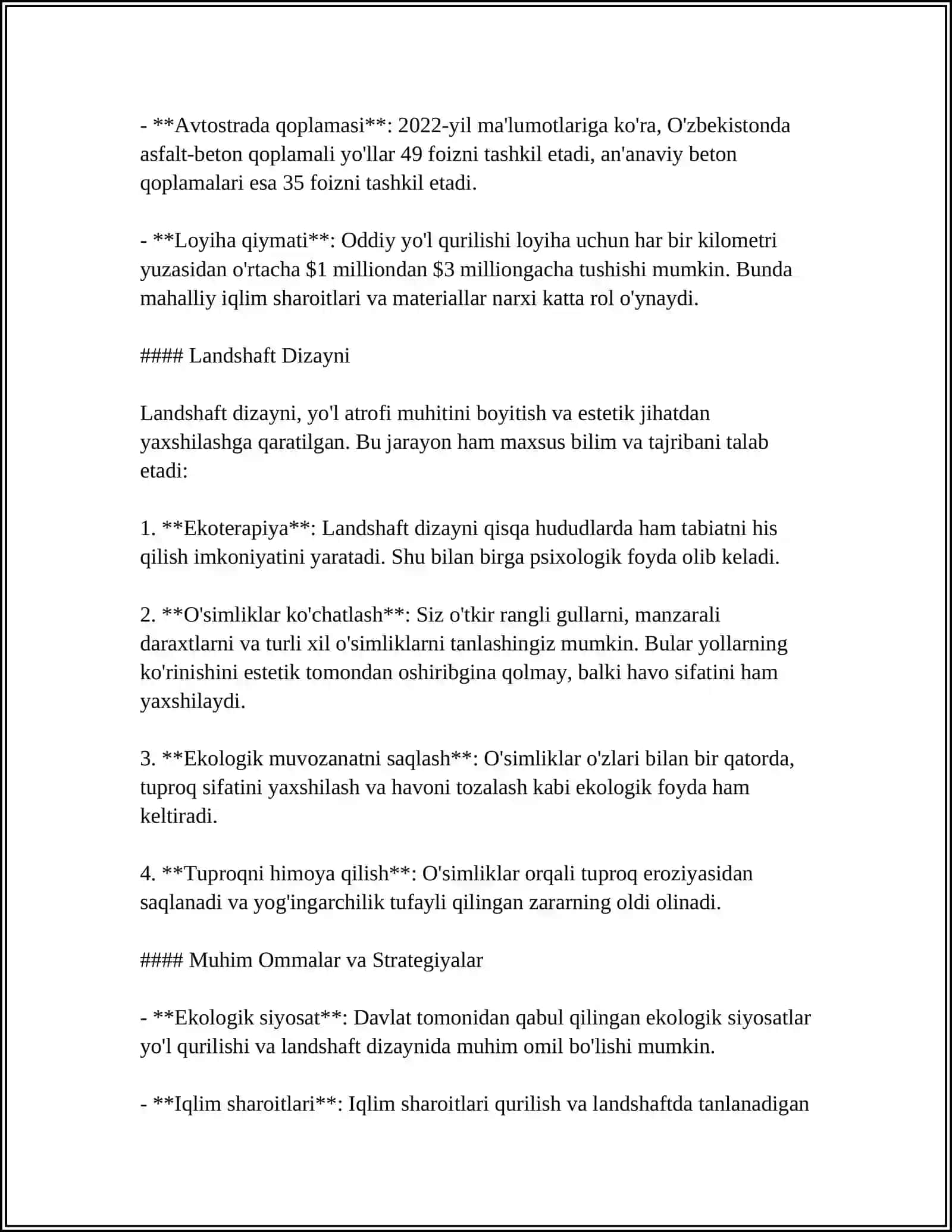 AVTOMOBIL YO'LI ELEMENTLARINI LANDSHAFT BILAN UY'GUNLASHUVI 4