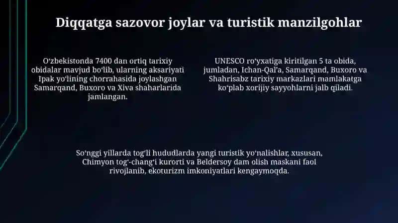 Turizmda sayr - tomoshalar va ko'ngil yozish infratuzilmasi 4
