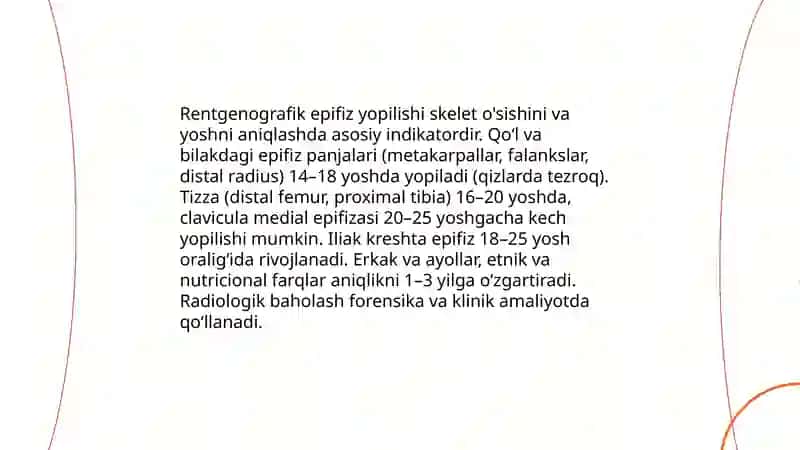 Suyaklarga qarab yoshni baholash usuli.Suyaklarda mineral tuzlarni to’planishni boshqarilishi:vitaminlar,to’g’ri ovqatlanishni,endokrin bezlarni ahamiyati 4