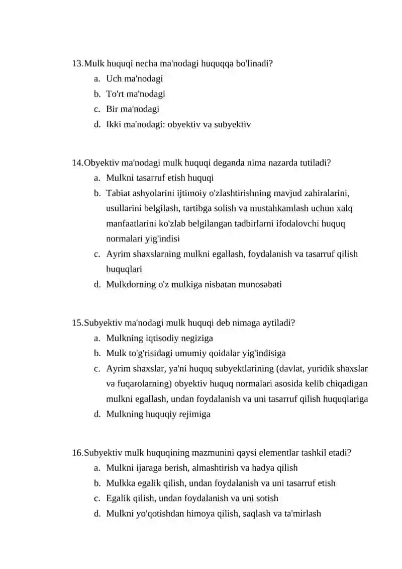 Mulk huquq modulidan oraliq testi 4