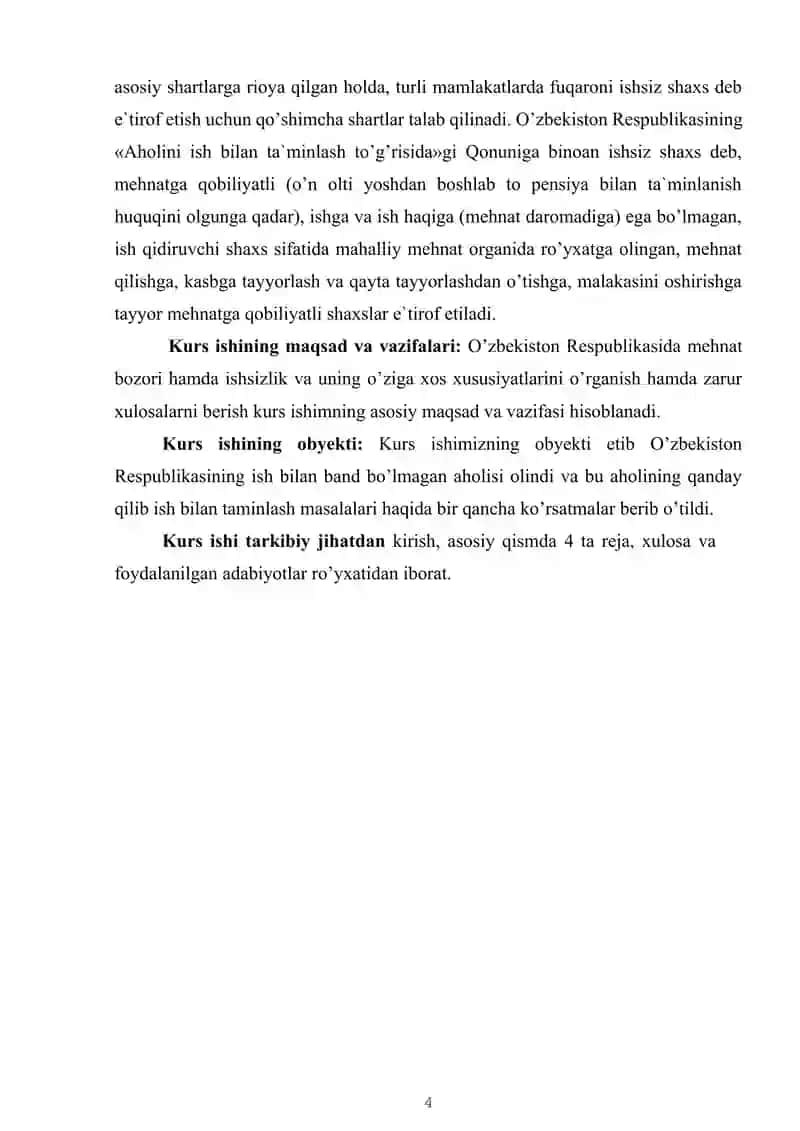O'zbekiston Respublikasida mehnat bozorining shakllanishi va ishsizlikni o'ziga xos xususiyatlari. 4
