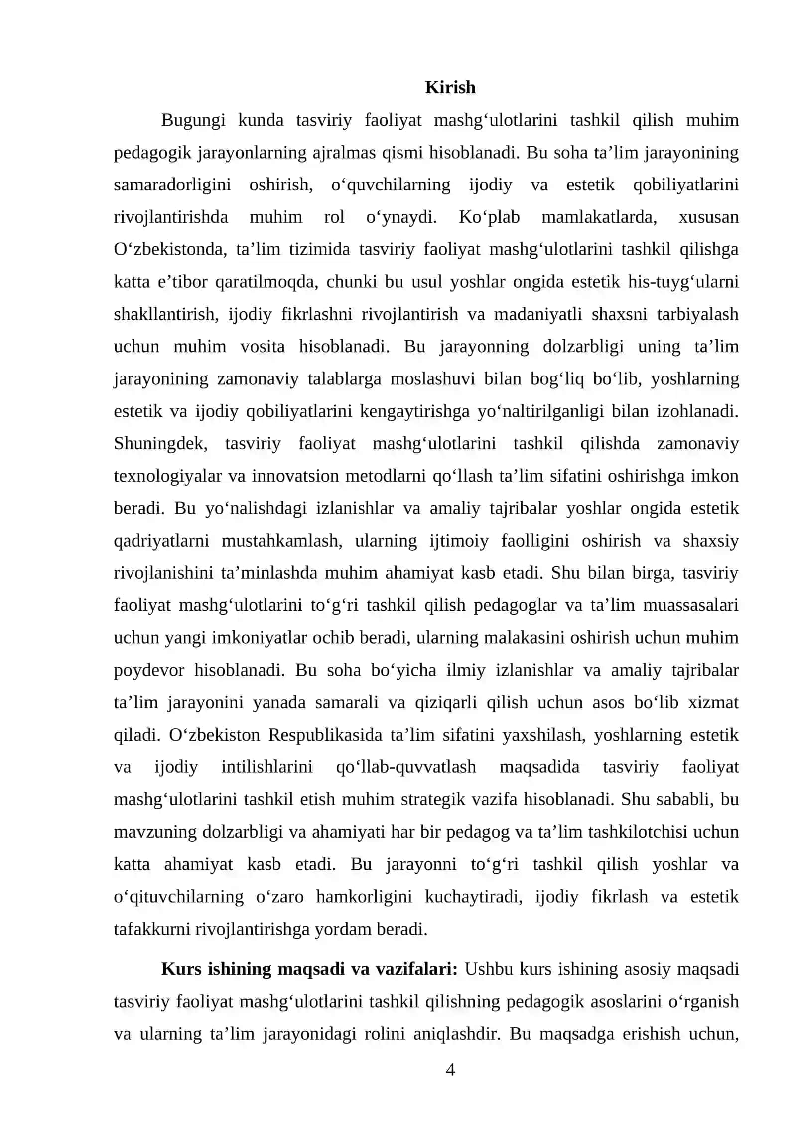 TASVIRIY FAOLIYAT MASHG'ULOTLARINI TASHKIL QILISH KURS ISHI 4