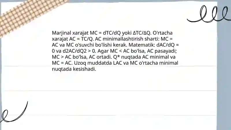 Ishlab chiqarish xarajatlarini minimallashtirish shartlari va korxonaning zararsiz ishlash nuqtasini hisoblash yo'llari 4