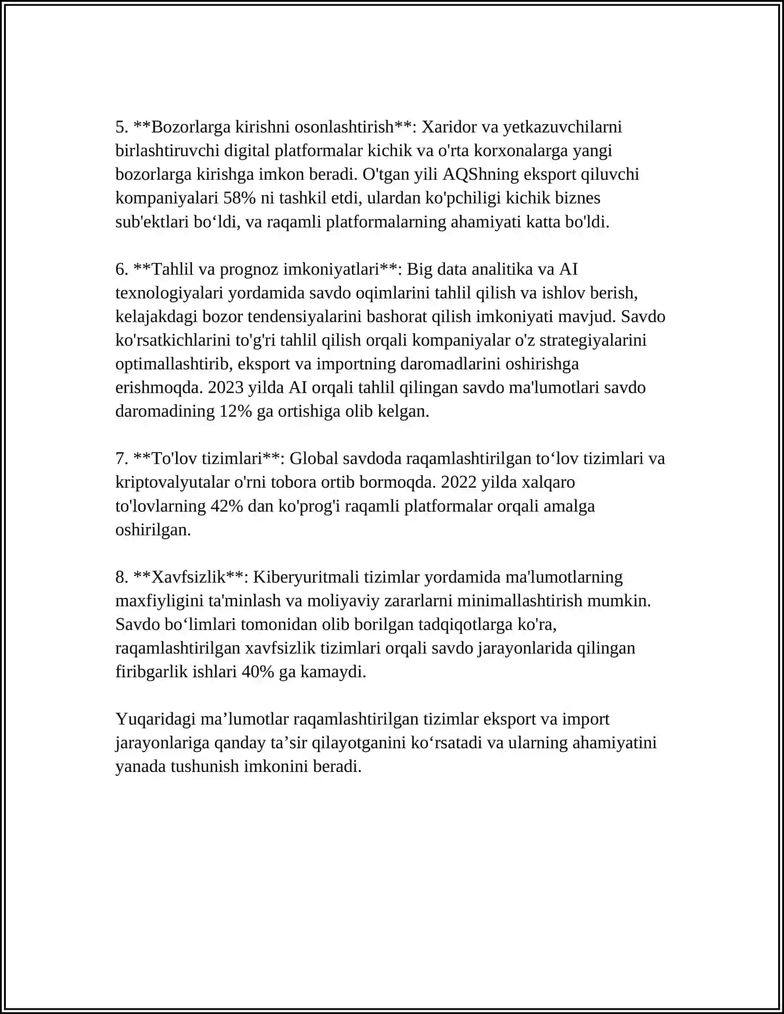 EKSPORT VA IMPORTGA IQTISODIYOTNI RAQAMLASHTIRISHNING TA'SIRI MAVZUSIGA MUSTAQIL ISH REFERAT SHAKLDA 4