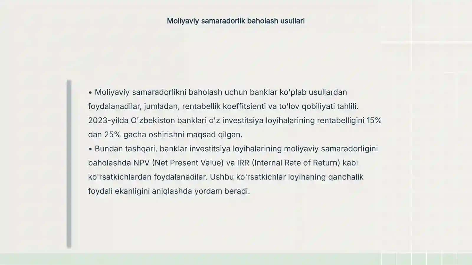 Investitsiya loyihalarining moliyaviy -iqtisodiy samaradorligini baholash usullari 4