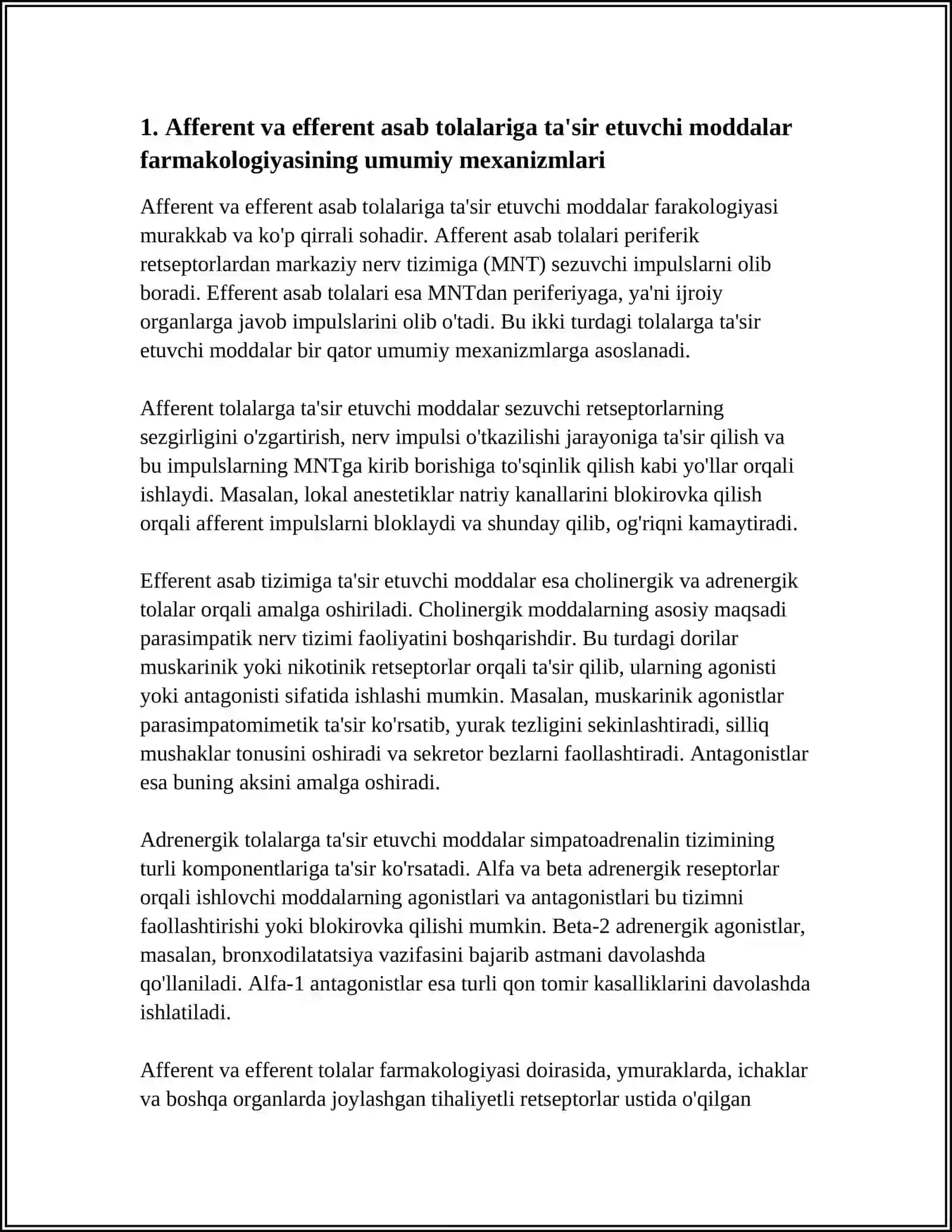 EFFERENT VA AFFERENT ASAB UCHLARIGA TA'SIR QILUVCHI MODDALAR FARAKOLOGIYASI 4