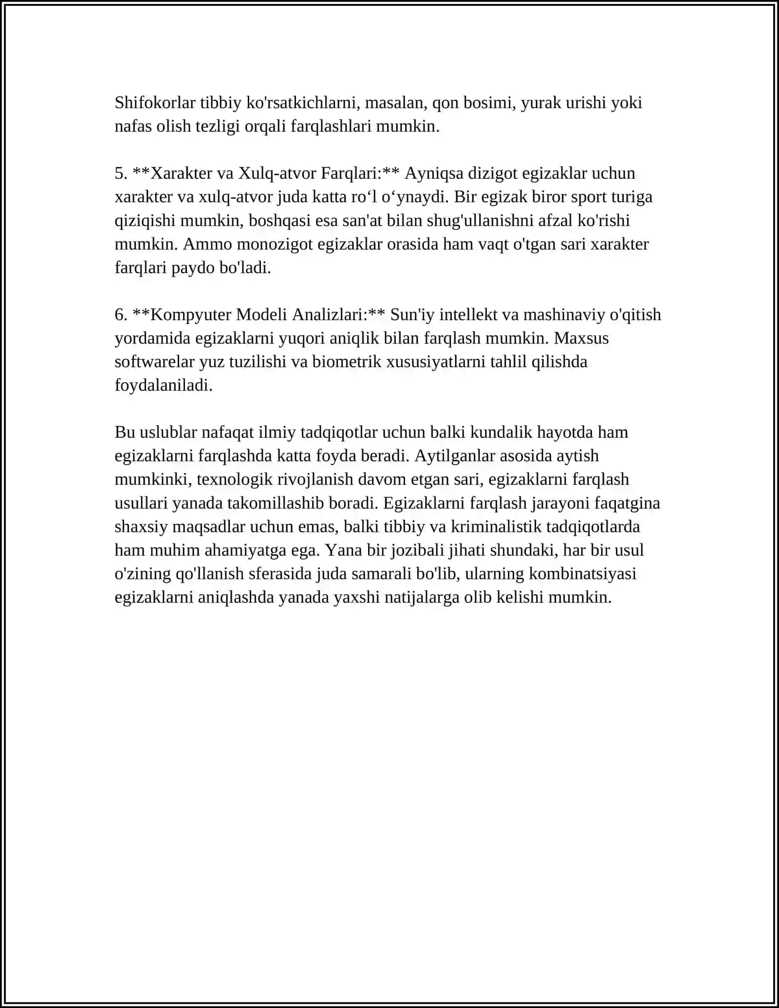 EGIZAKLAR USULI. BIR(BE) VA IKKI TUXUM HUJAYRALI(IE) EGIZAKLARDA UCHRAYDIGAN BELGILARNING KONKORDANTLIGI 4
