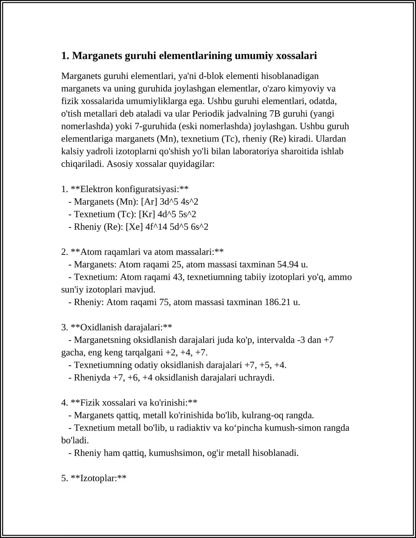 Marganets Guruhi Elementlarini Xossalarini Oʻrganish 4