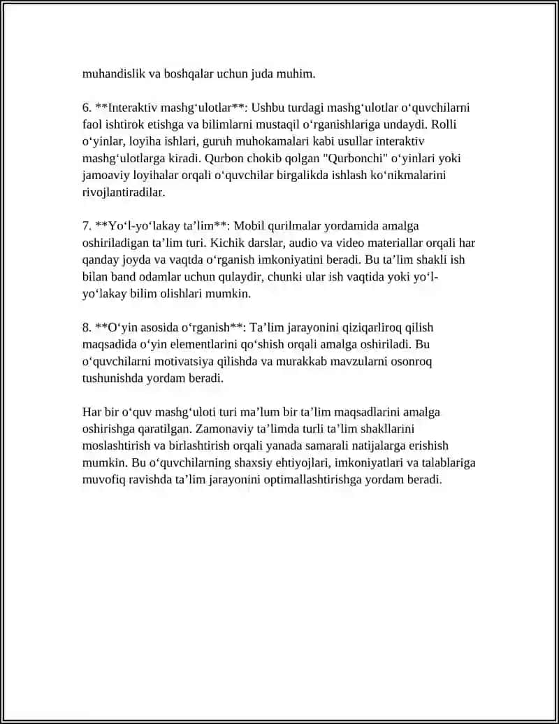 REFERAT Mavzu: O'QUV MASHG ULOTLARINI TASHKIL ETISH METODIKASI 4
