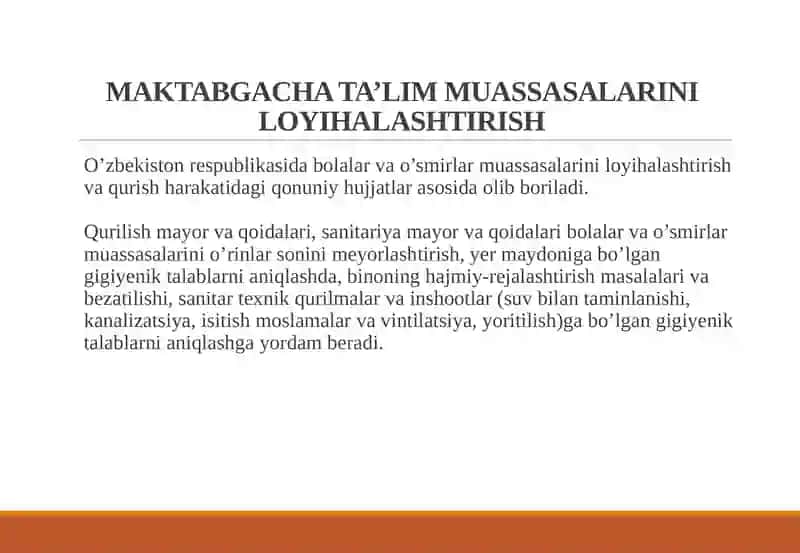 TASHKILLASHTIRILGAN BOLALAR MUASSASALARINI LOYIHALASHTIRISH QURISH VA JIHOZLASHGA BO`LGAN GIGIYENIK TALABLAR 4
