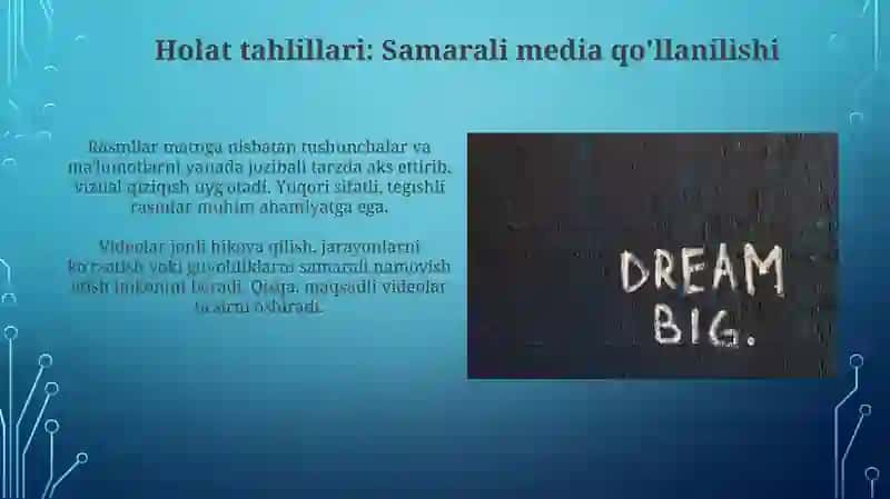Taqdimot yaratishda matnli tasvirli video axborotlarni orni 4