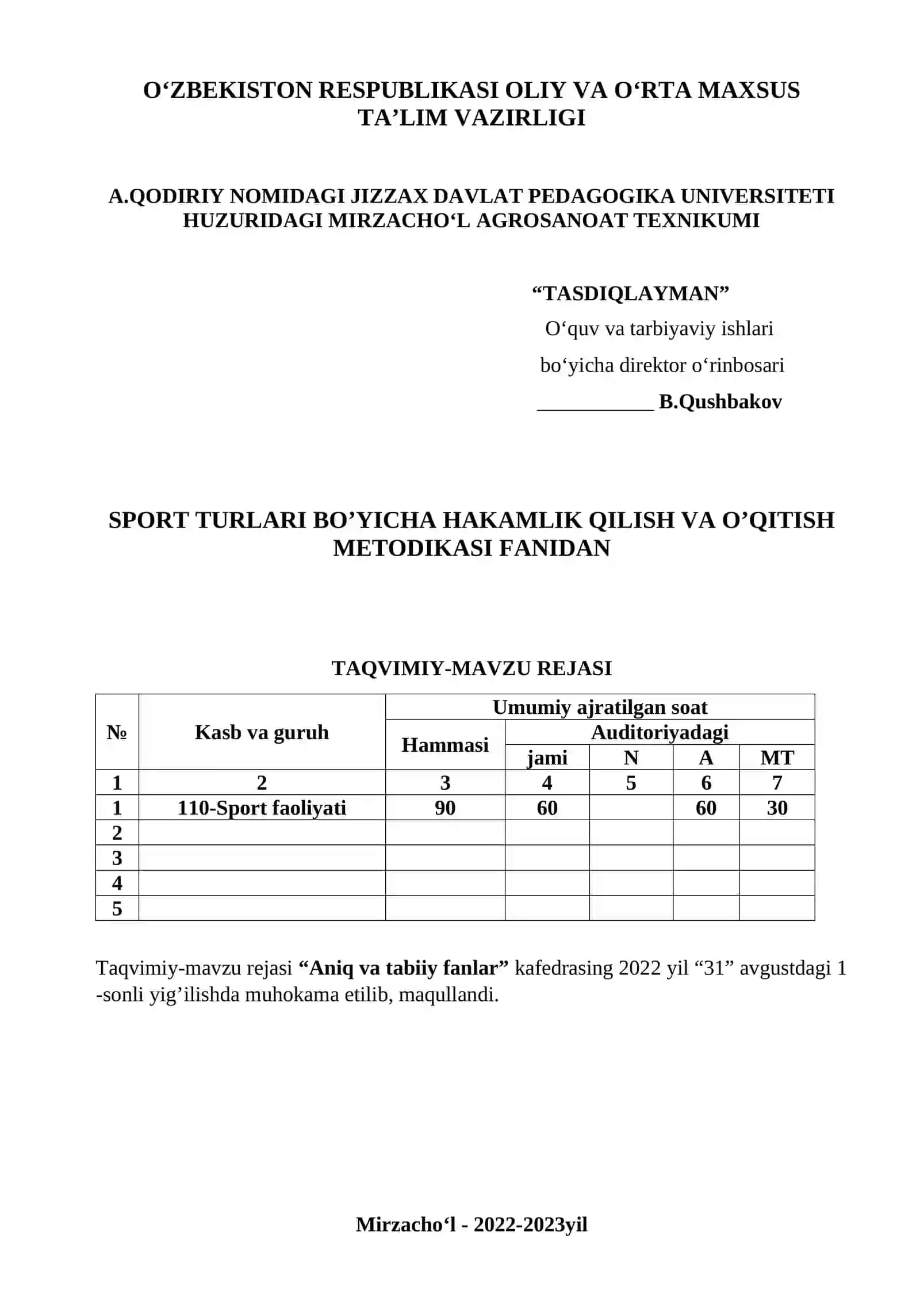SPORT TURLARI BO’YICHA HAKAMLIK QILISH VA O’QITISH METODIKASI (O’QUV AMALIYOTI) FANIDAN TO’PLAM 4