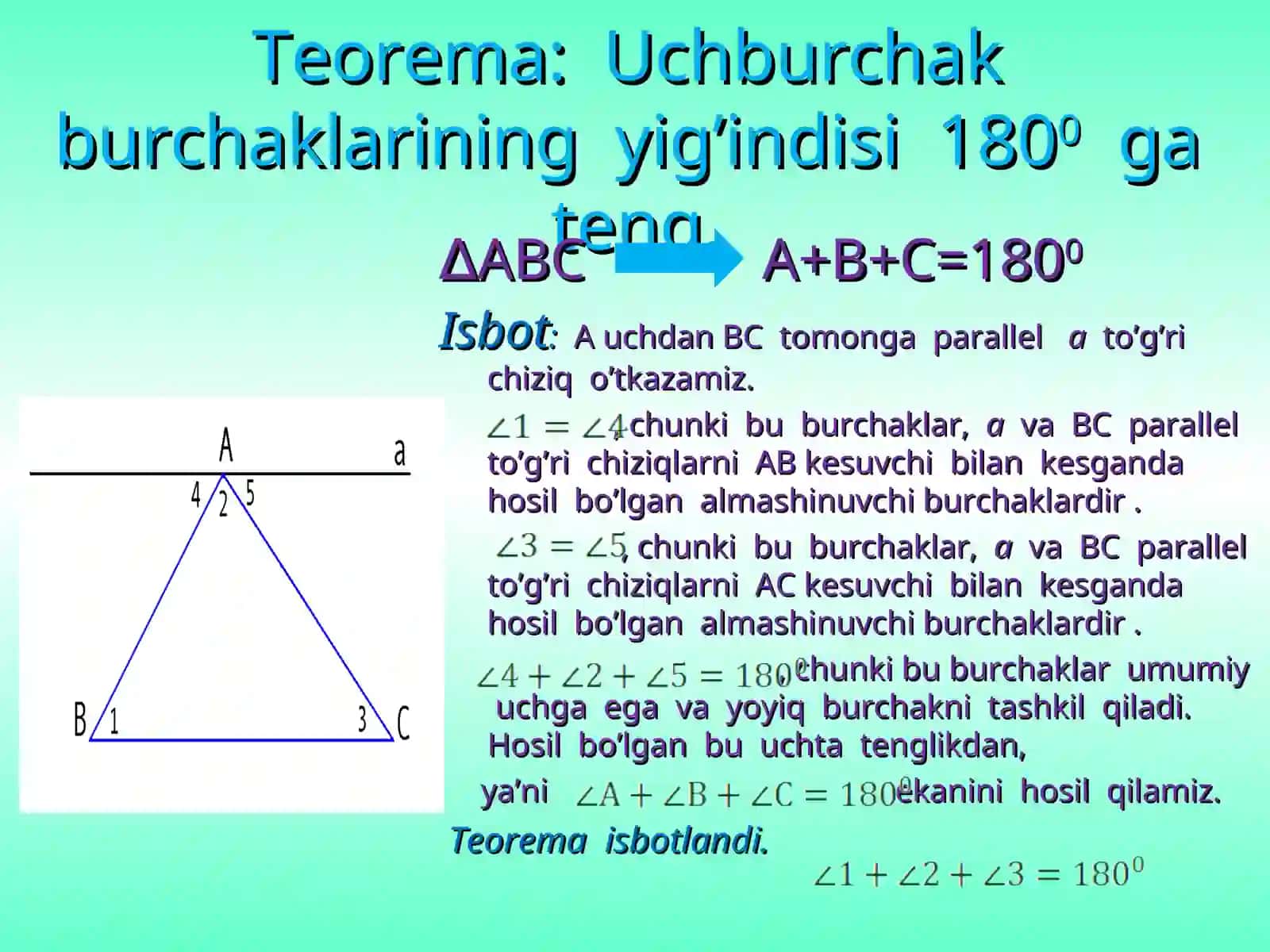 Uchburchak  ichki  burchaklarining  yig’indisi  haqidagi  teorema 4