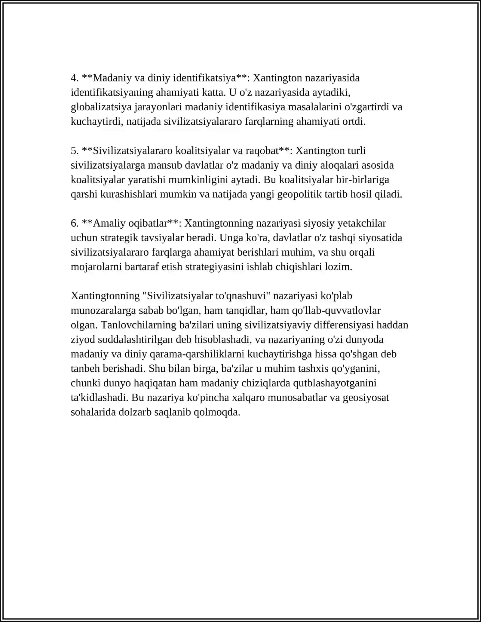 S.XANTINGTONNING "SIVILIZATSIYALAR TO'QNASHUVI" ASARINI O'QISH VA MOHIYATI BO'YICHA ESSE TAYYORLASH 4