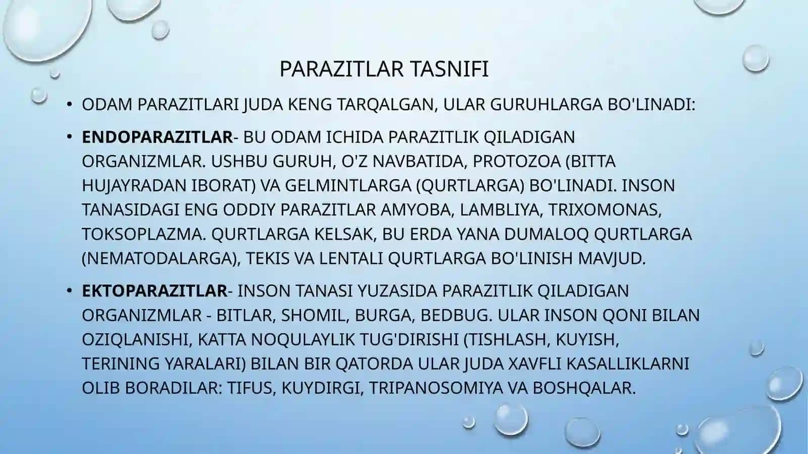 dunyo miqyosida va o’zbekiston bo’yicha parazitar kasalliklar tarqalishining zamonaviy xususiyatlari 4