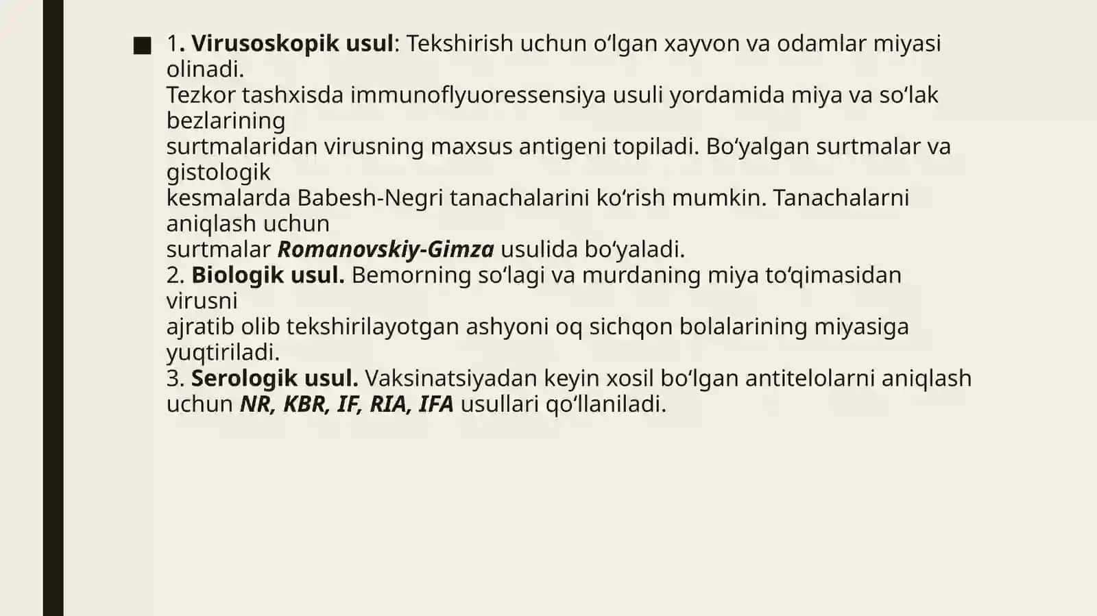 Pikornaviruslar(poliomiyelit).Rabdoviruslar(qutirish).Najas,og‘izorqaliyuquvchigepatitAvaEviruslari.Laboratoriyadiagnostikavaprofilaktikasi 4