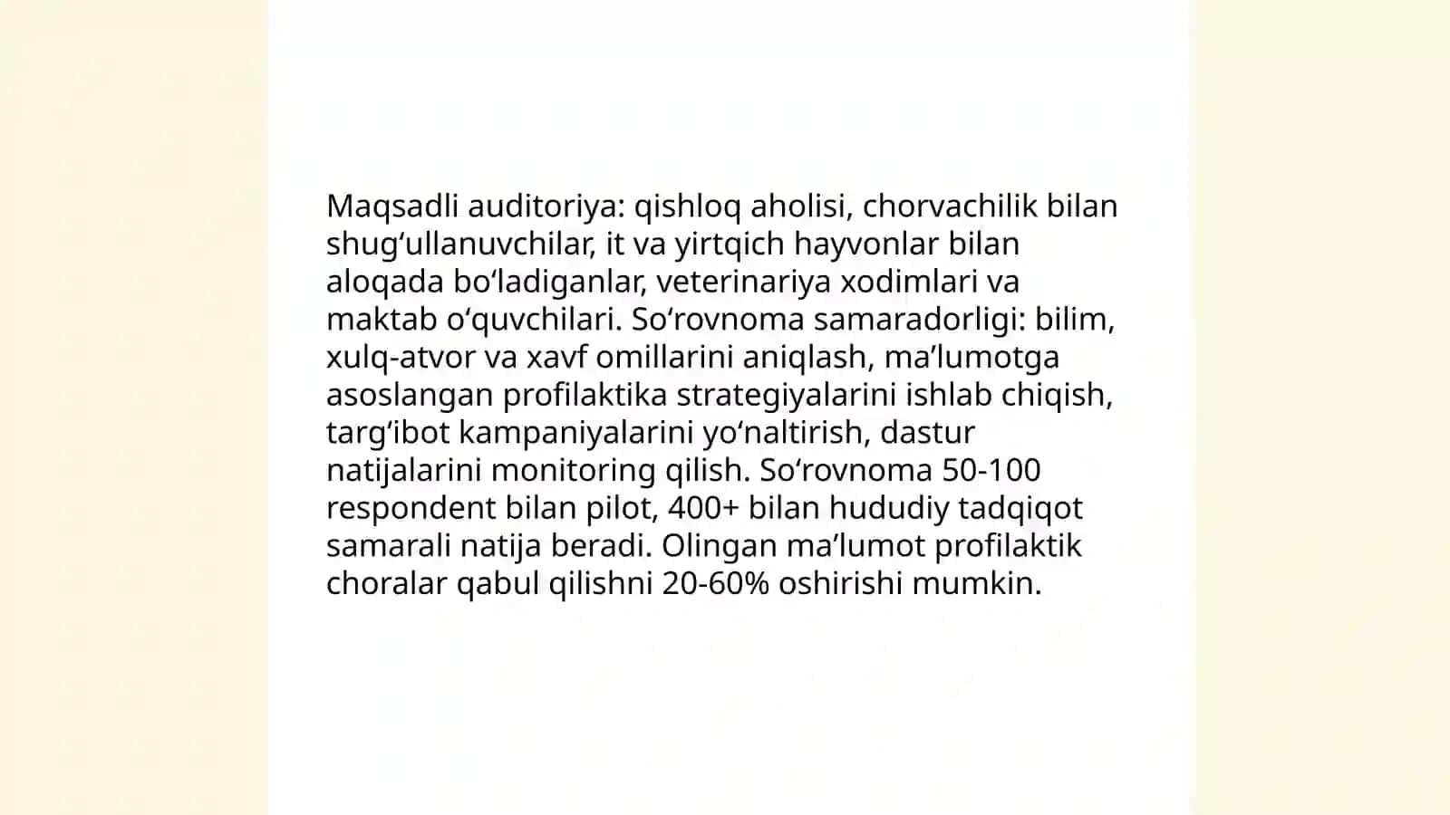 Soʻrovnoma oʻtkazishning Exinokokkoz kasalligining oldini olishdagi roli 4