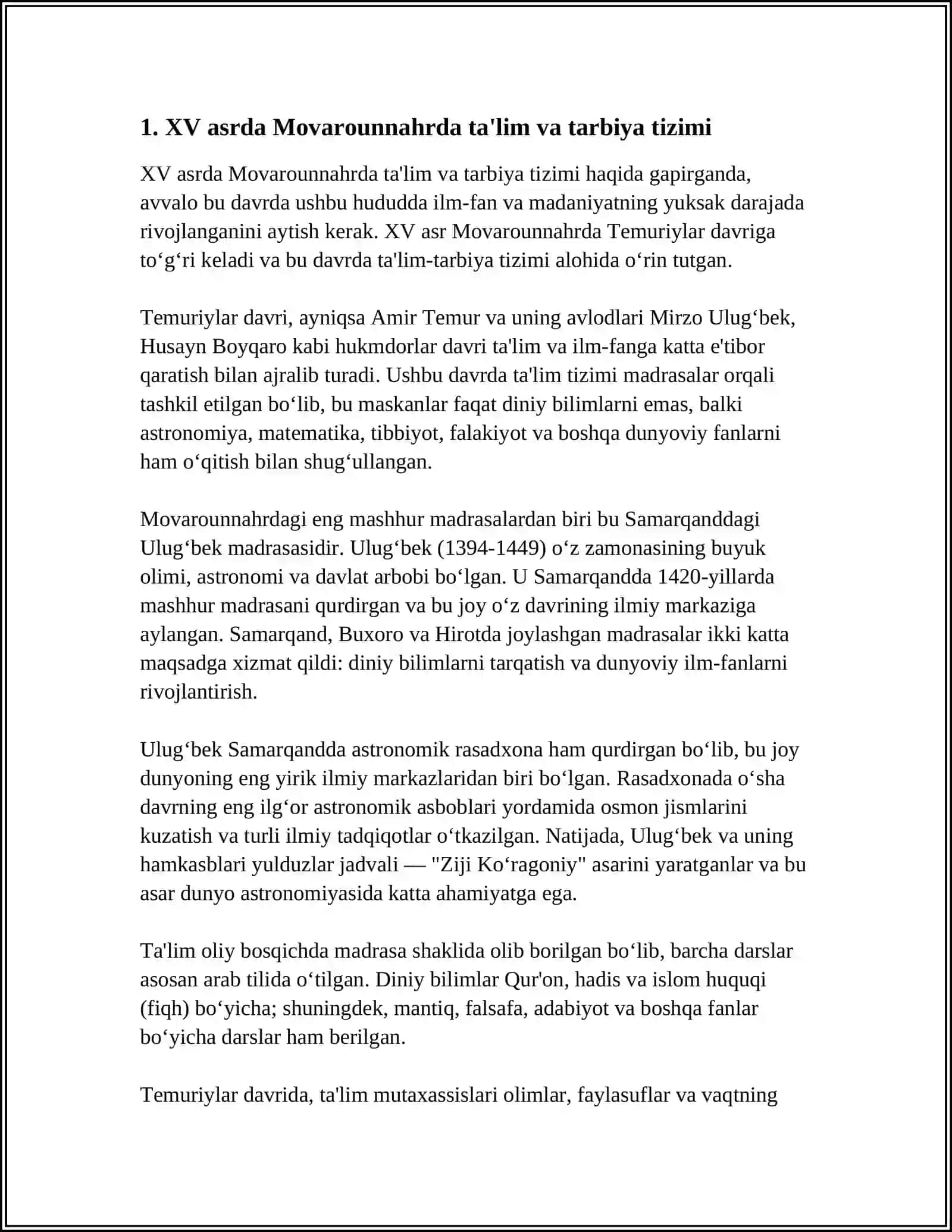 XLV ASRNING IKKINCHI YARMI VA XVI ASRDA MOVARAUNNAHRDA TARBIYA VA MAKTAB VA PEDAGOGIK FIKRLAR RIVOJI MOVARAUNNAHRDA AMIR TEMUR TOMONIDAN MARKAZLASHGAN DAVLAT BARPO ETILISHI VA UNING FAN MADANIYAT VA MA'RIFAT RIVOJIDA QO'SHGAN HISSASI ALISHER NAVOIYNING ASARLARIDA TARBIYA VA INSONPARVARLIK MASALALARI 4