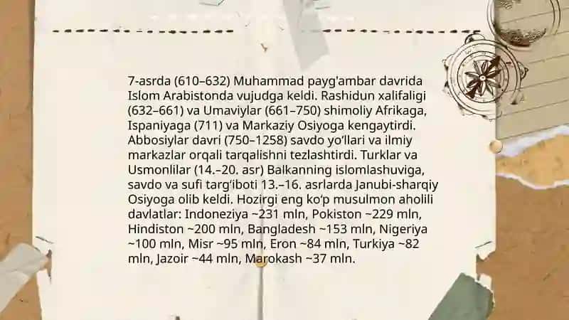 Dunyo dinlarining tarqalishi va hozirgi kunda dunyo mamlakatlarining musulmon aholisi eng ko'p tarqalgan mamlakatlar 4