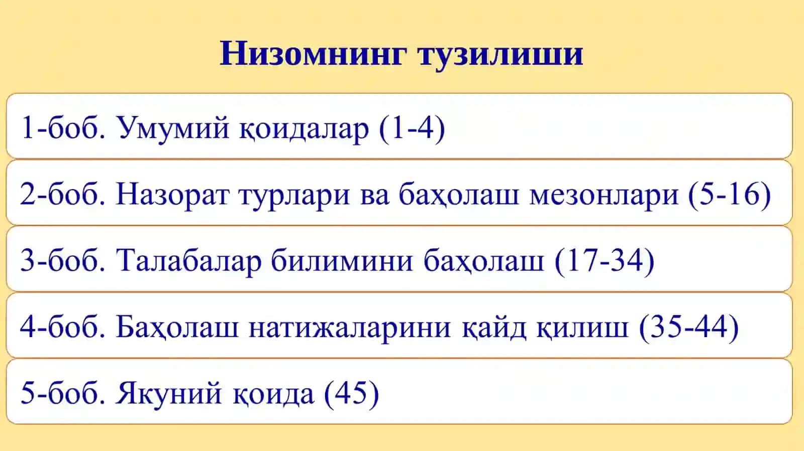 Олий таълим муассасаларида талабалар билимини назорат қилиш ва баҳолаш тизими тўғрисидаги низом 4