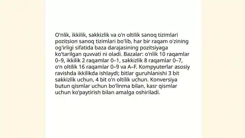 Kompyuter axborotlarni qayta ishlashning arifmetik asoslari. Sanoq sistemalari 4