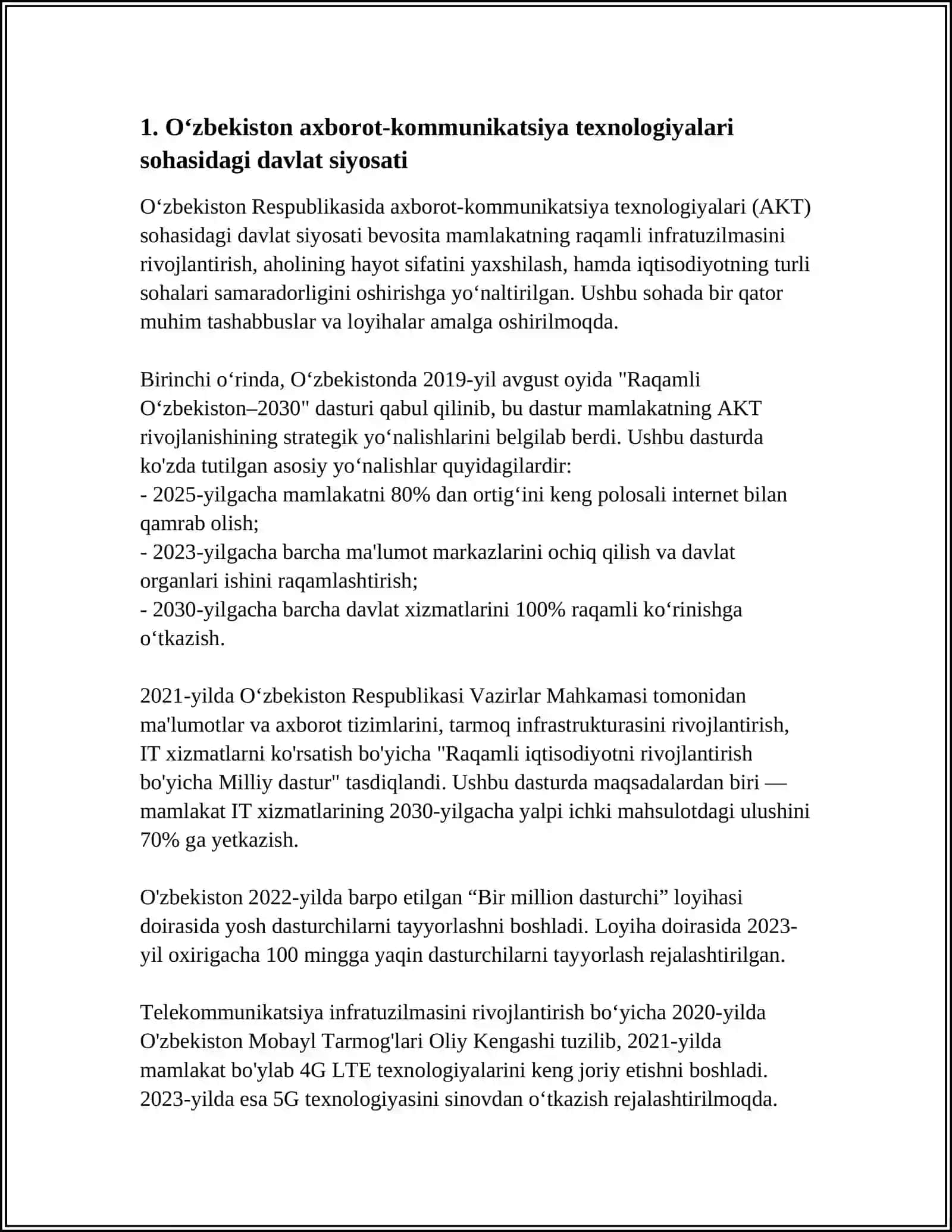 OʻZBEKISTON AXBOROT KOMMUNIKATSIYA SOHASINI RIVOJLANTIRISHDAGI ASOSIY YOʻNALISHLARI 4