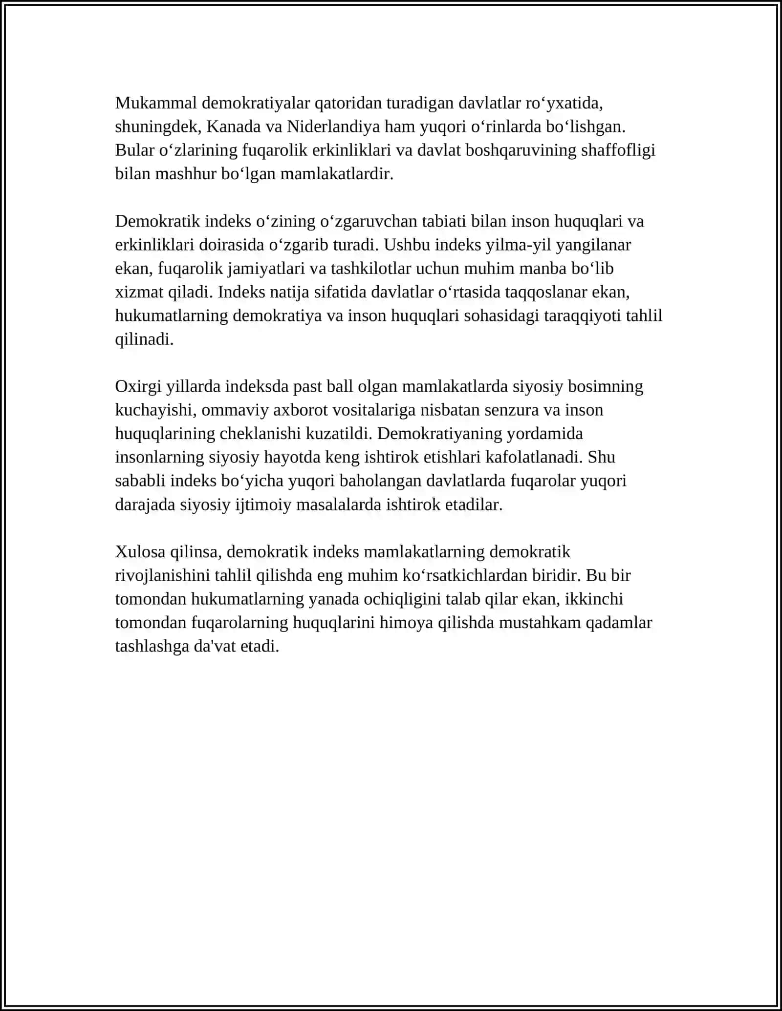 O‘ZBEKISTONNING "JAHON MAMLAKATLARI DEMOKRATIYASI INDEKSI " DA BELGILAGAN O‘RNI 4