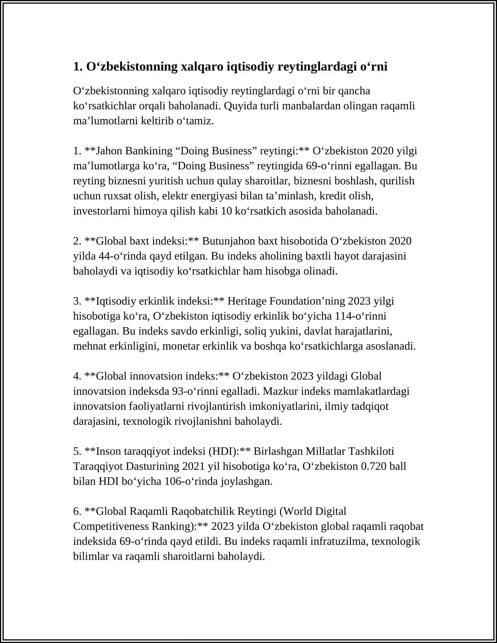 IQTISODIYOT VA IJTIMOIY SOHADAGI USTUVOR XALQARO REYTINGLAR VA ULARGA OʻZBEKISTONNING INTEGRATSIYALASHUVI 4