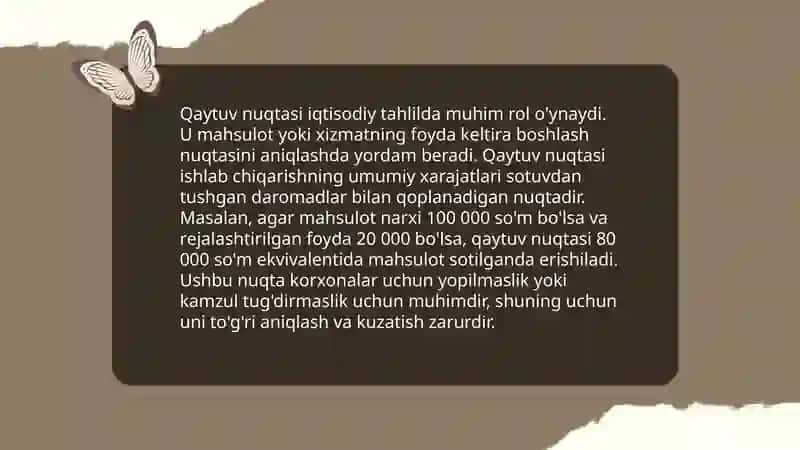 Ishlab chiqarish xarajatlarini minimallashtirish shartlari va korxonaning zararsiz ishlash nuqtasini hisoblash yo'llari 4