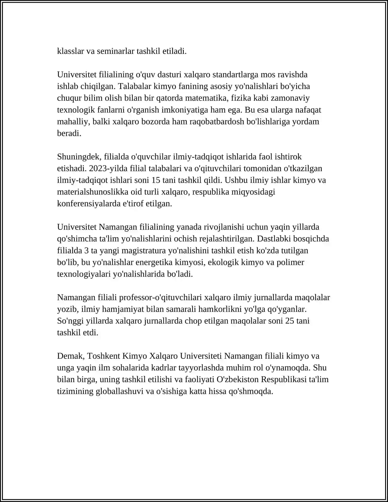 Toshkent Kimyo Xalqaro Universiteti Namangan filiali: tarix va tashkil etilishi 4