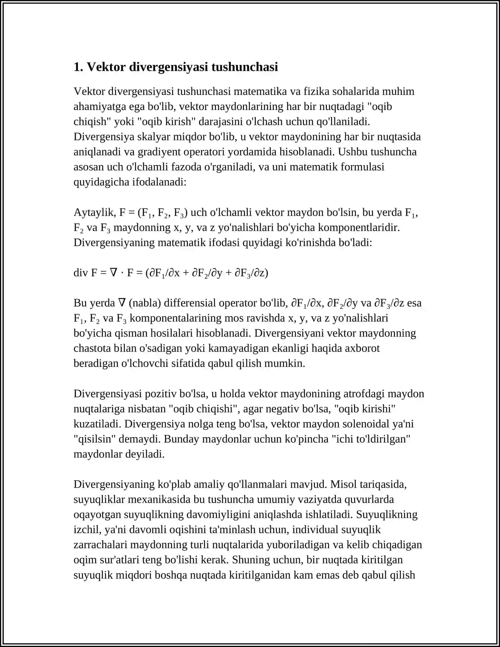 VEKTOR DIVERGENSIYASI VA VEKTOR MAYDON UYURMASINING SILINDIRIK VA SFERIK KOORDINATALARDA YOZILISHI 4