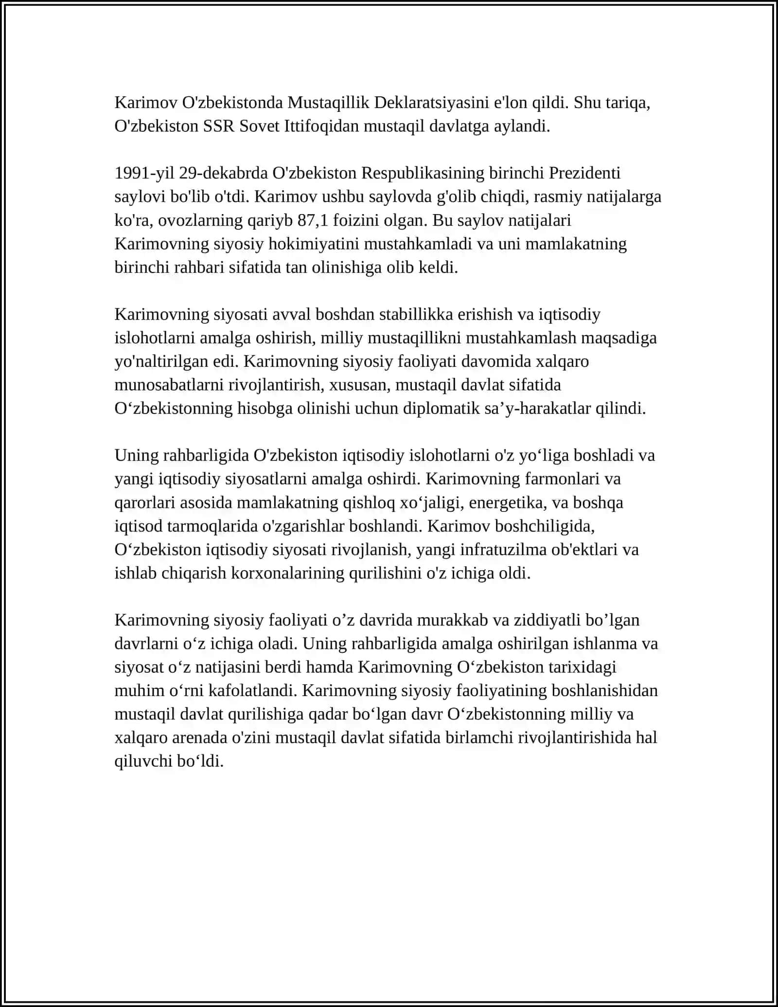 MUSTAQIL ISH Mavzu: ÔZBEKISTON RESPUBLIKASI BIRINCHI PREZIDENTI ISLOM KARIMOVNING HOKIMIYAT TEPASIGA KELISHI 4