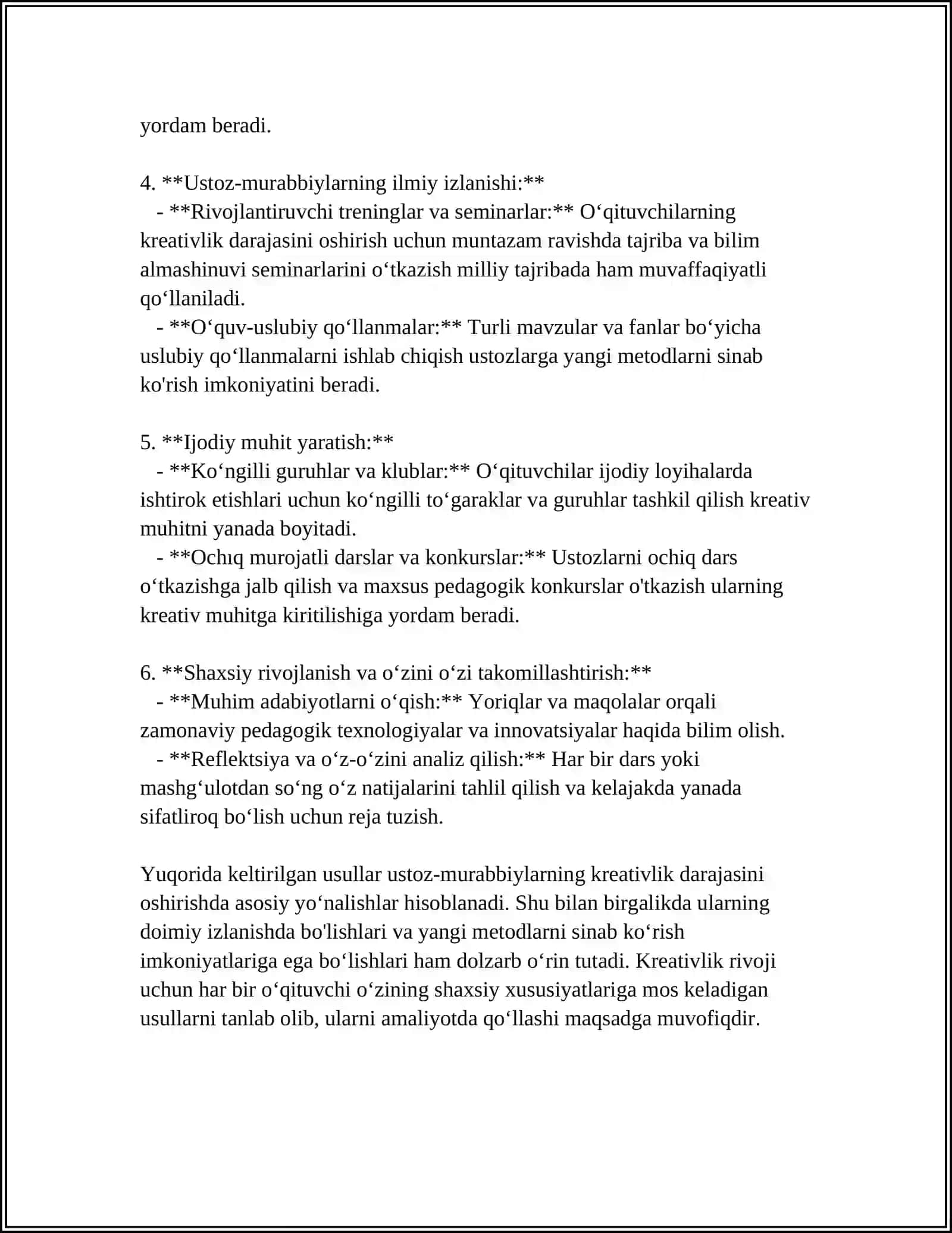 MUSTAQIL ISH Mavzu: USTOZ-MURABBIYLARNING KREATIVLIK SIFATLARI. SPORTCHILARLARIDA KREATIVLIK SIFATLARINI RIVOJLARTIRISHNING SAMARALI YO'LLARI VA SHARTLARI 4