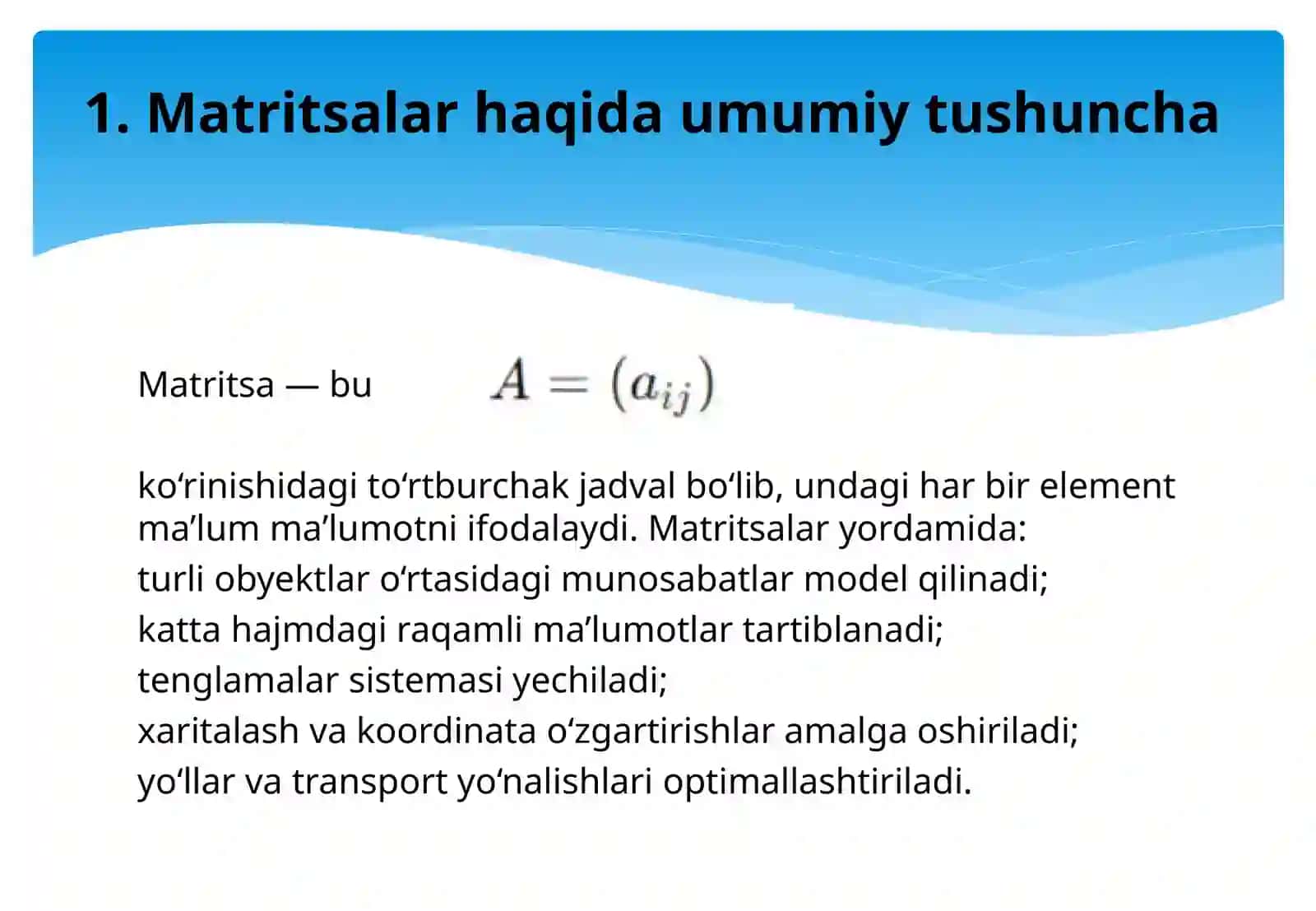 Matritsalarning geologik, geografik, transport to'rlarida ishlatilishi. 4
