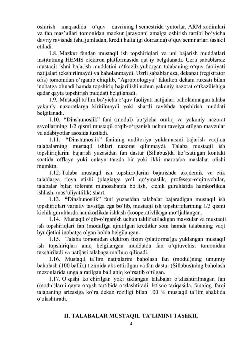 Dinshunoslik fanidan talabalarning mustaqil ta’limini tashkil etish va nazorat qilish bo‘yicha uslubiy ko‘rsatma 4