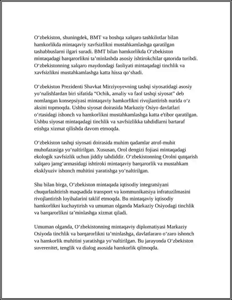 Oʻzbekistonning Markaziy Osiyodagi Tinchlik va Barqarorlikni Ta'minlashdagi Oʻrni 4