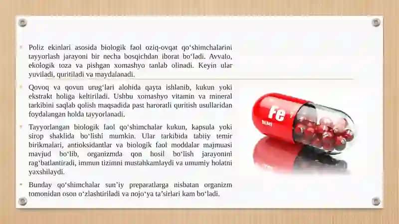 POLIZ EKINLARI ASOSIDA KAMQONLIK KASALLIGINI DAVLASH VA OLDINI OLISH XUSUSIYATIGA EGA BO'GAN BIOLOGIK FAOL OZIQ-OVQAT QO'SHILMIARINI TAYYORLASH 4